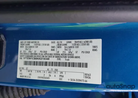 2019 Ford F-150 Xlt из США, поврежденный, VIN 1FTEW1CB8KKD18348